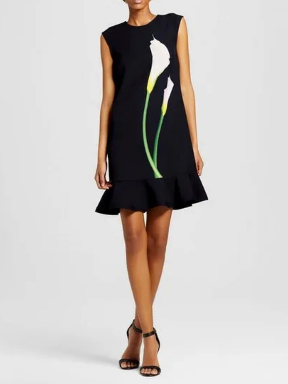 Victoria Beckham Black Floral-Print Ruffle-Hem Mini Dress Size 2X